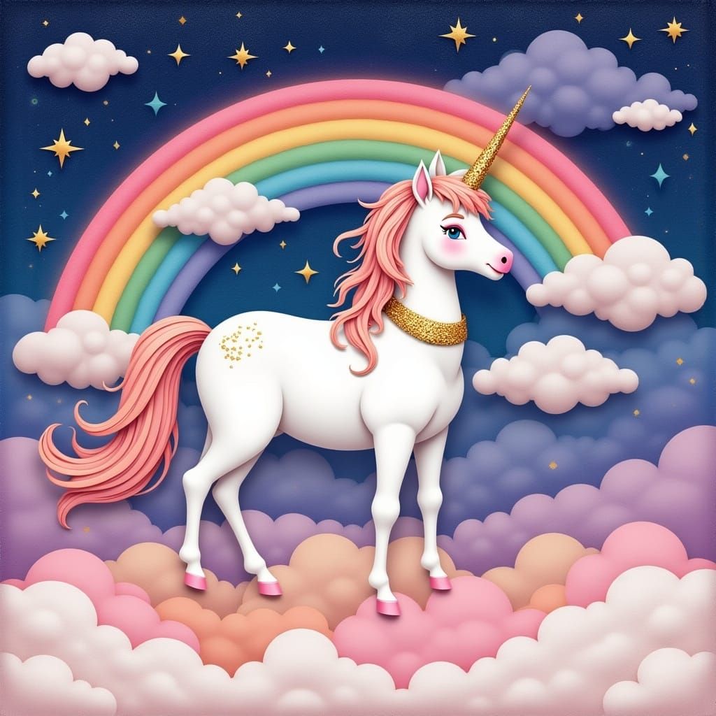 Happy Unicorn with Rainbow in Dreamy Landscape