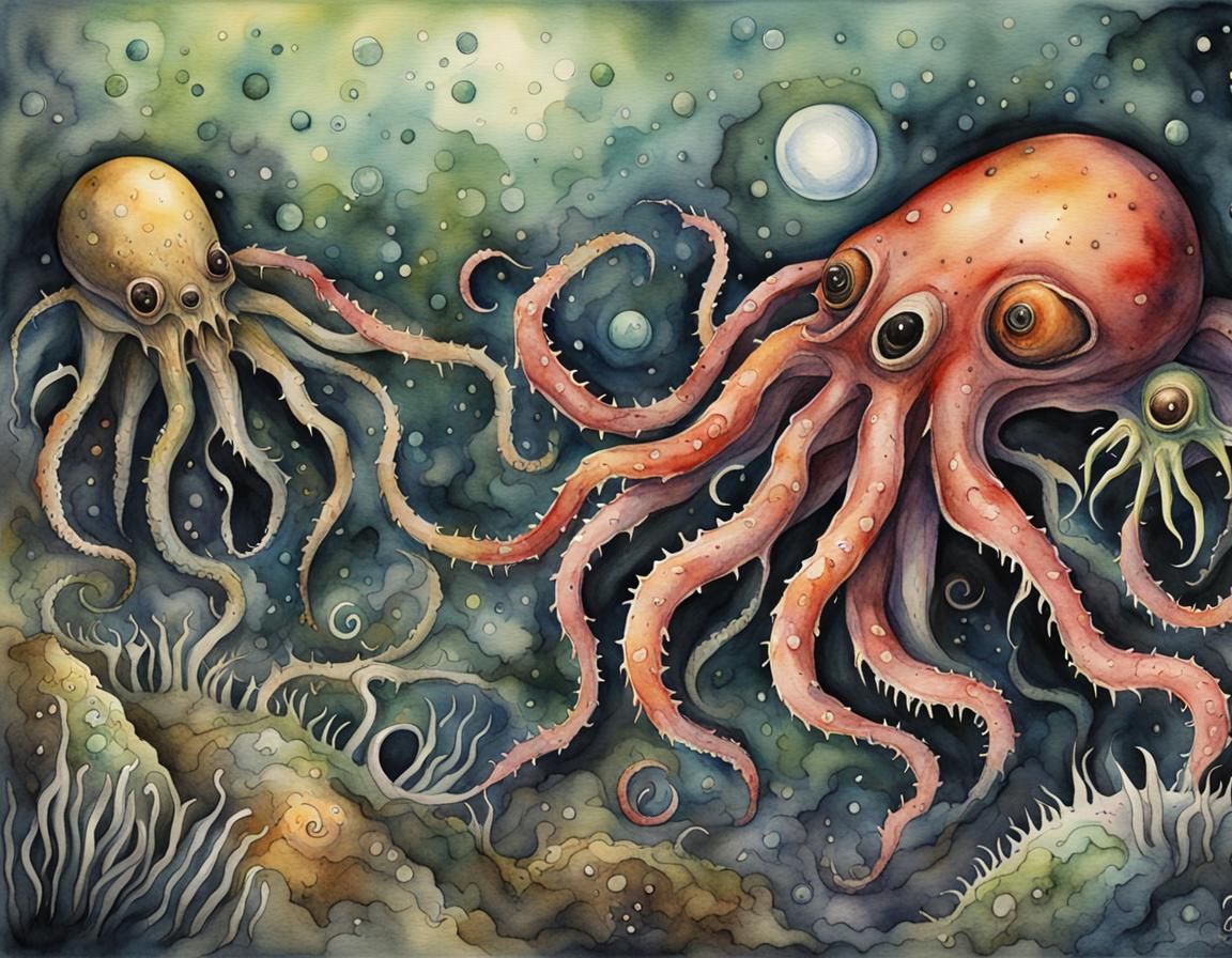 Lovecraftian Parasites in Watercolor Style