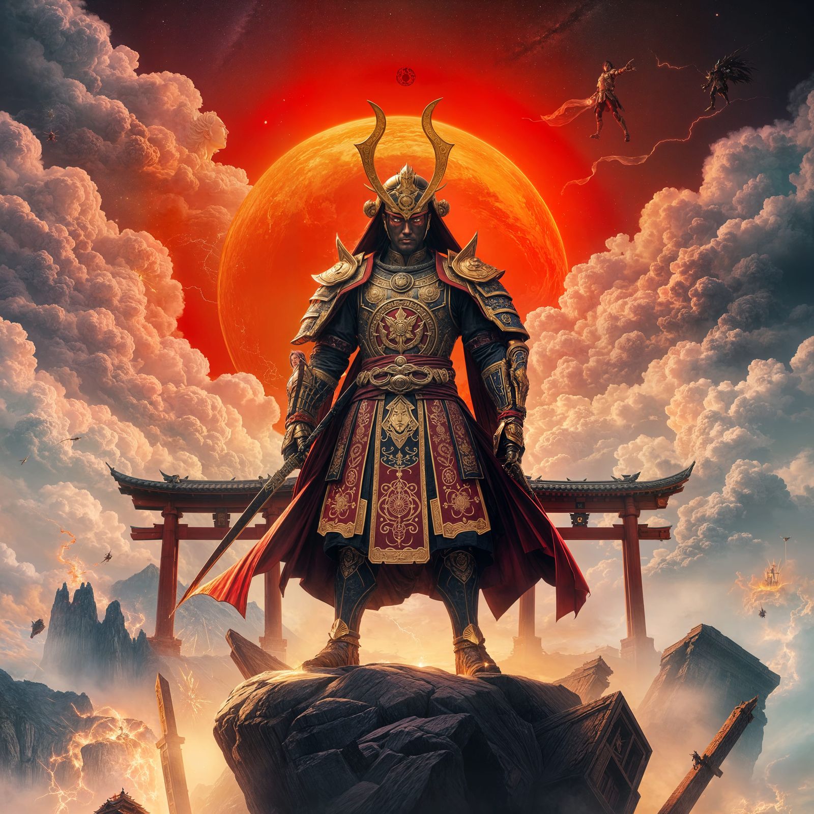 God-Like Samurai in Celestial Armor Stands on Floating Islan...