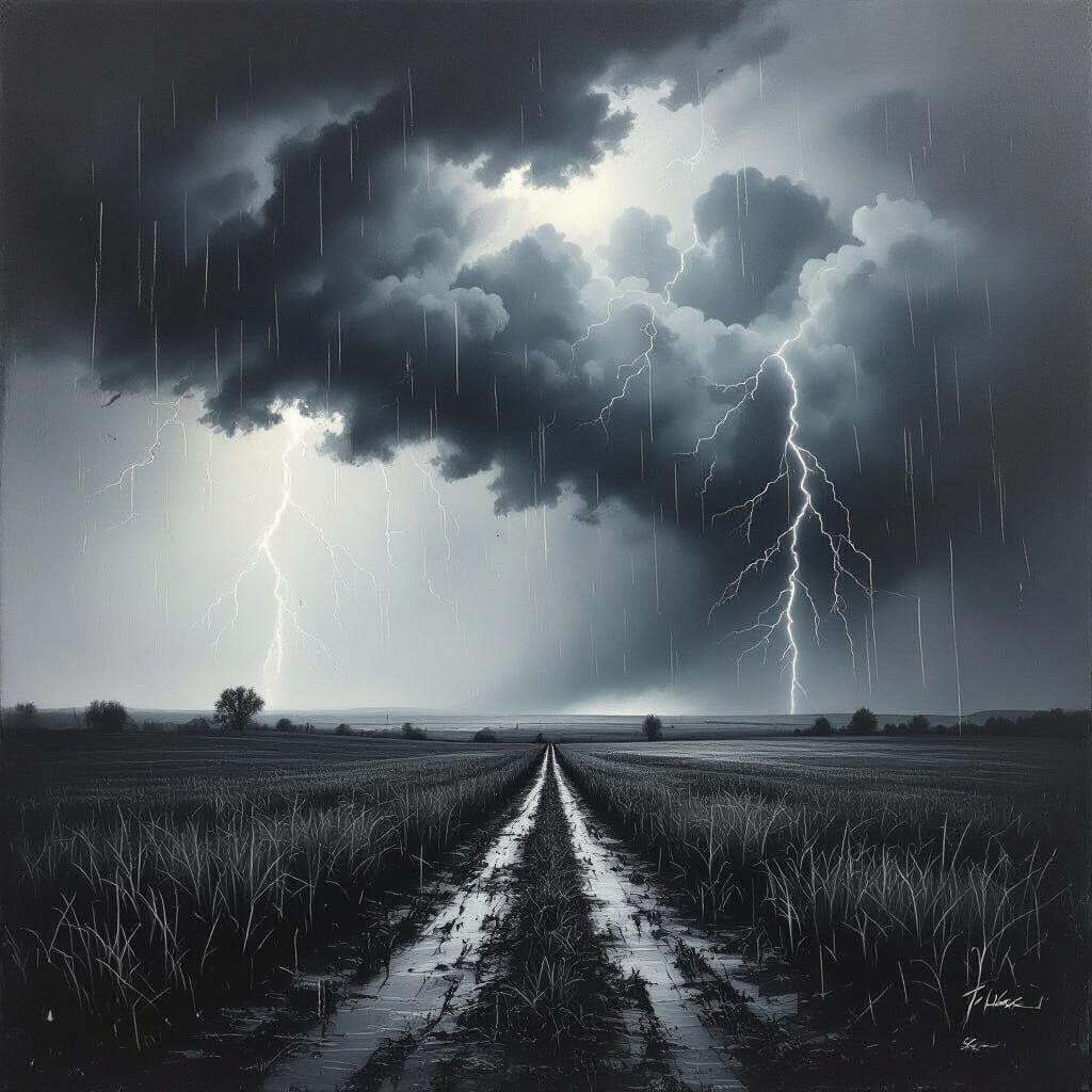 Eerie Black and White Landscape as Oil Painting