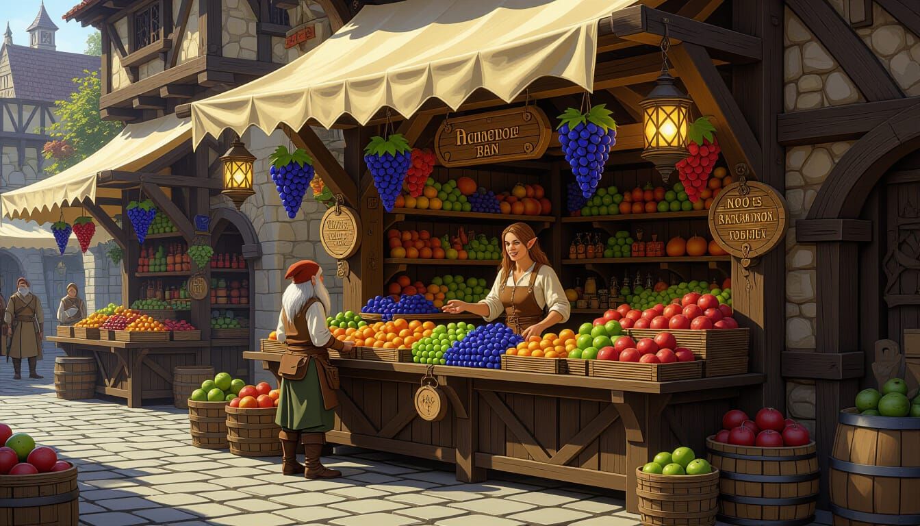 Charming Fantasy Fruit Stand in Medieval Marketplace