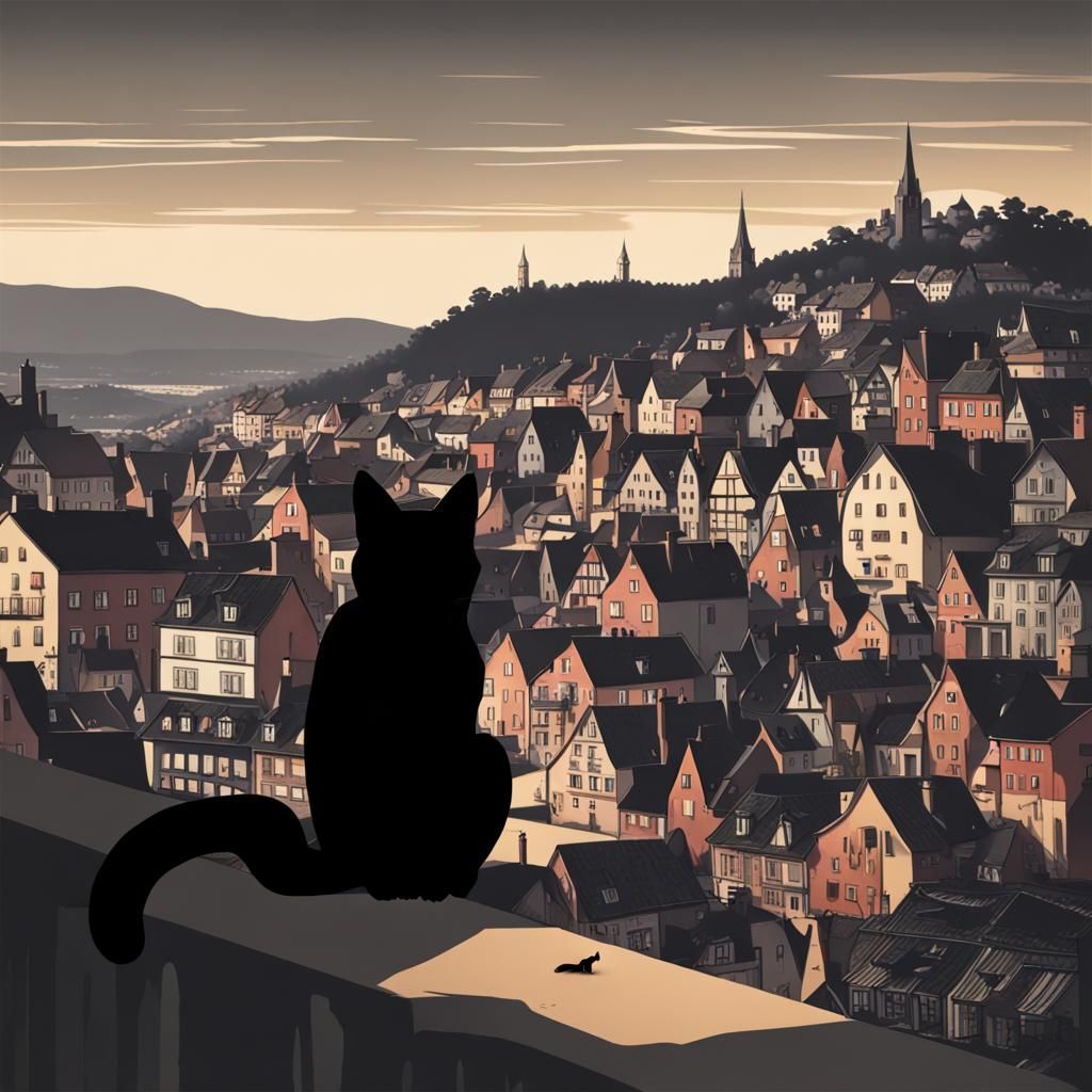 Silhouetted Black Cat in Alsatian Town