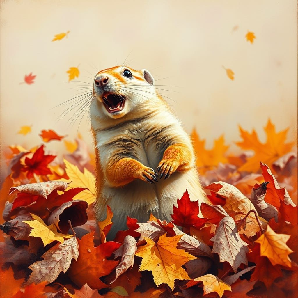 Prairie Dog Amidst Autumn Leaves in Impressionist Style