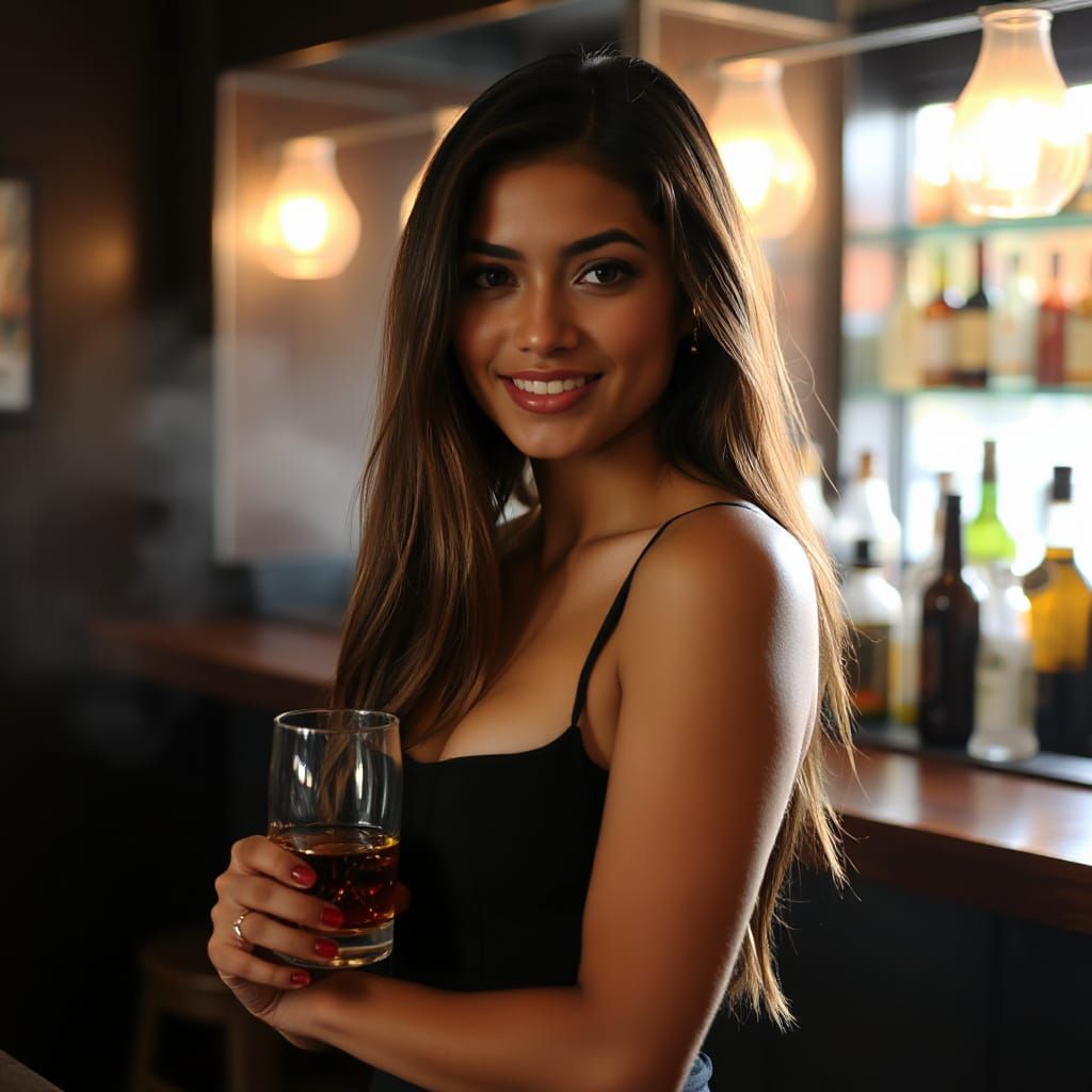 Dominican Woman Enjoys Whisky in Smoke-Filled Bar