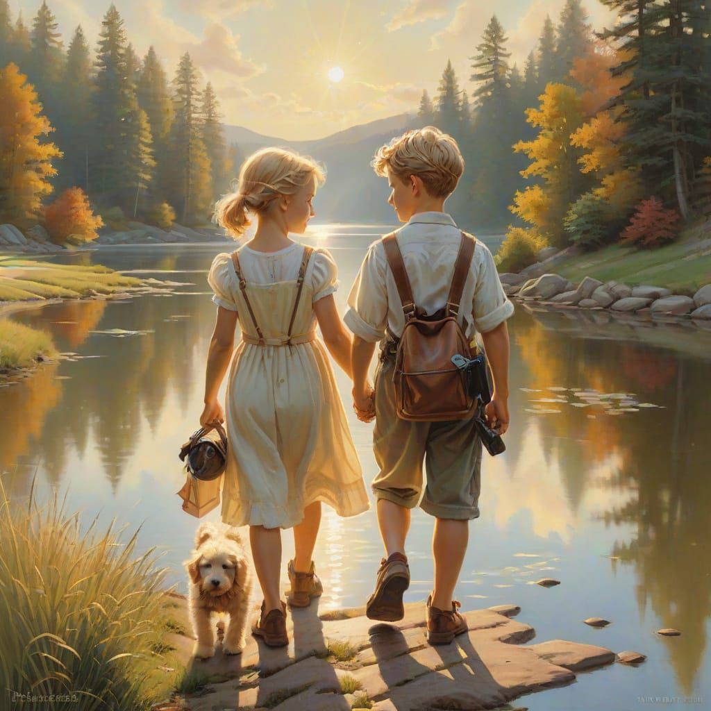 Children and Puppy Walk to Misty Lake in Golden Light