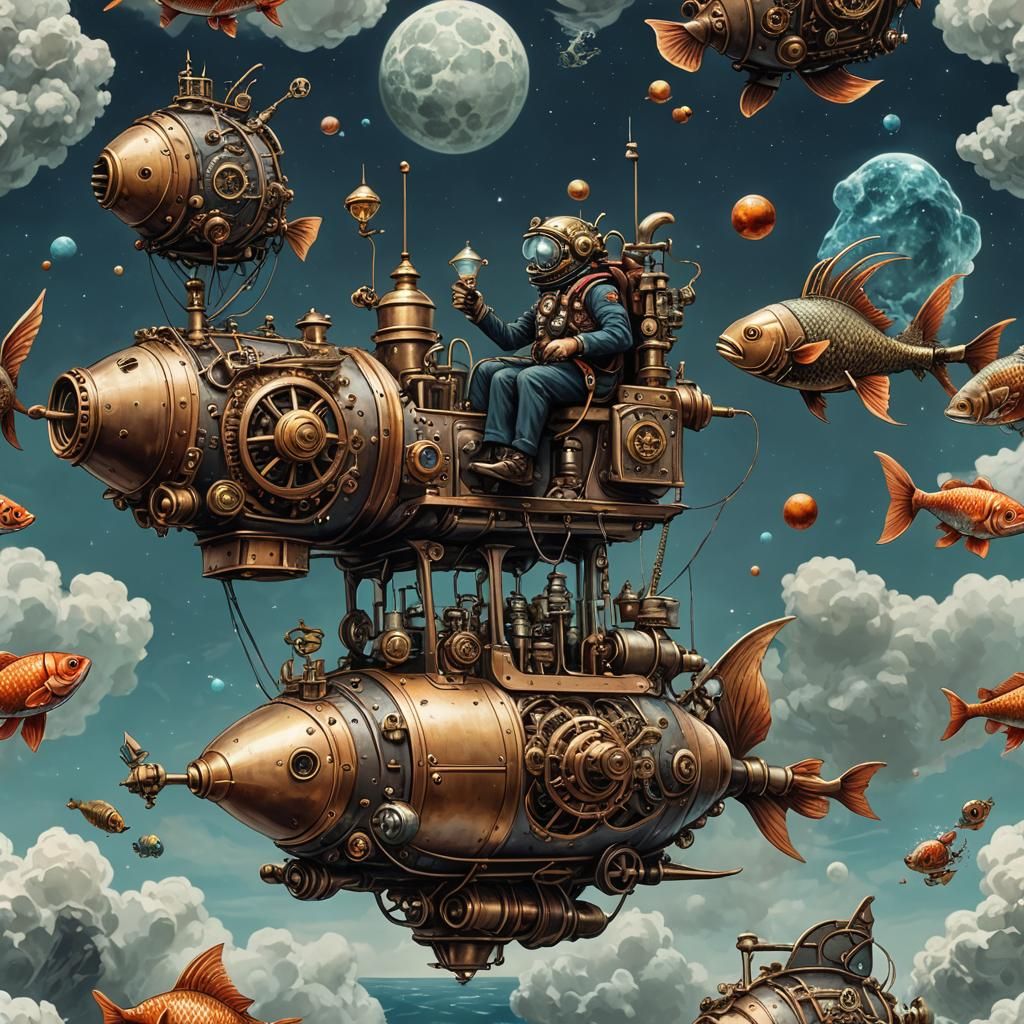 Astronauts in Zero-G Underwater with Steampunk Rocket