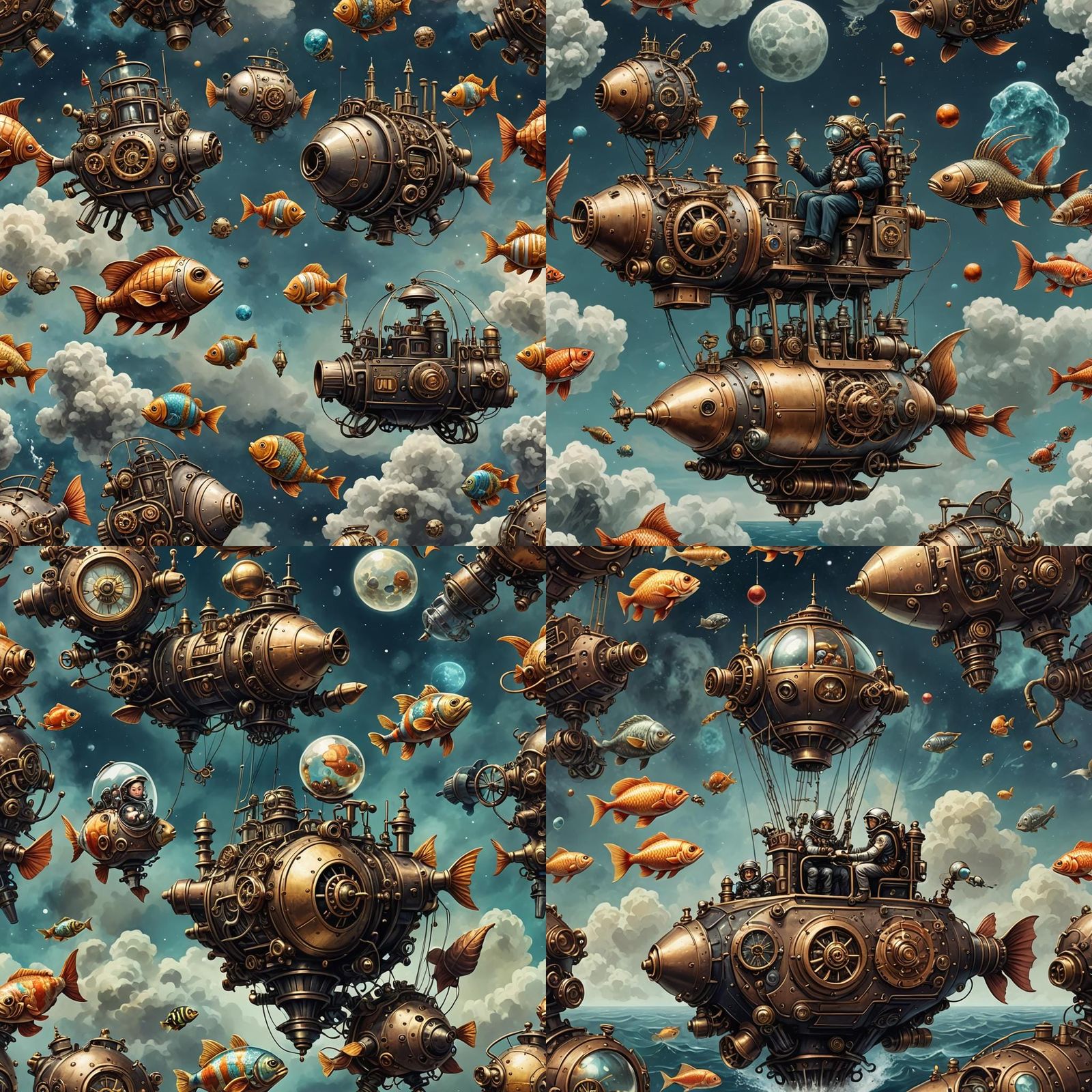 Astronauts and Rocket in Underwater Steampunk Scene