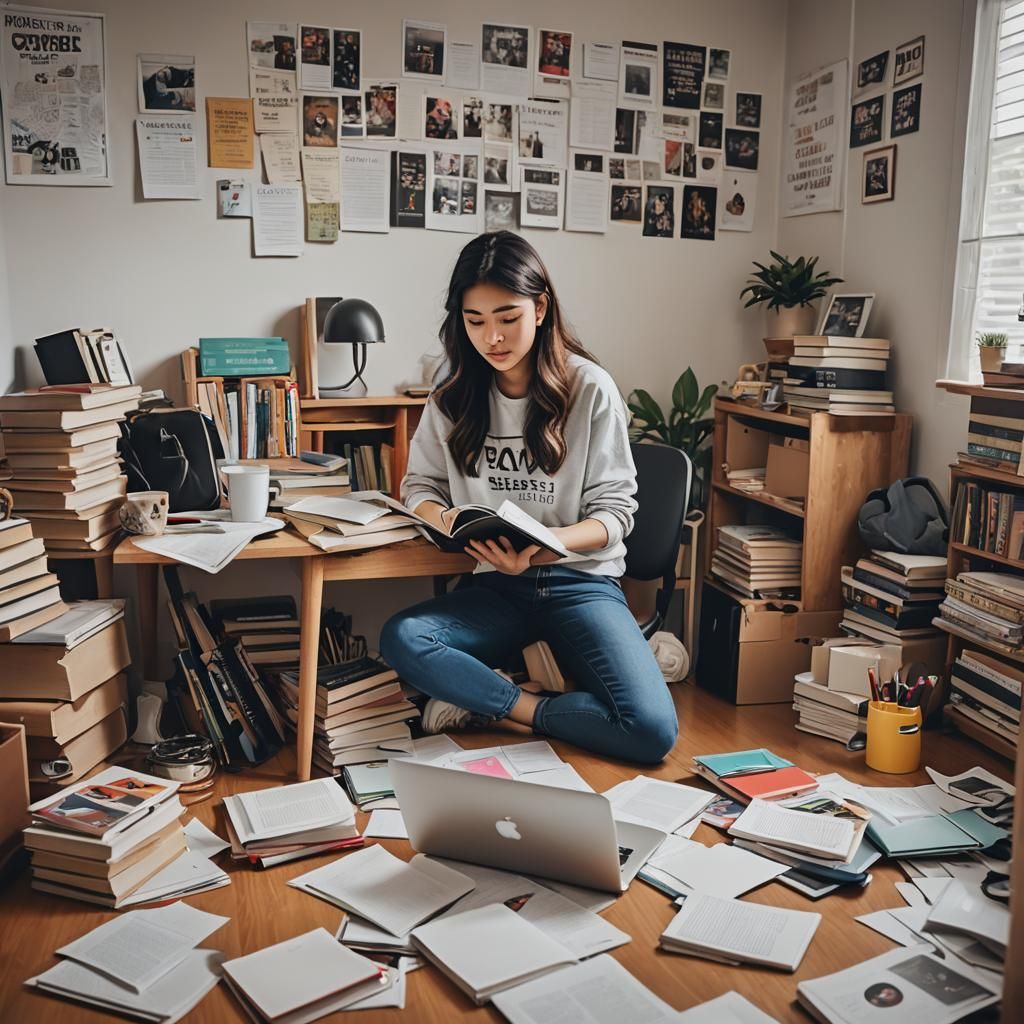 Teenage Girl Studying in Room with Laptop
