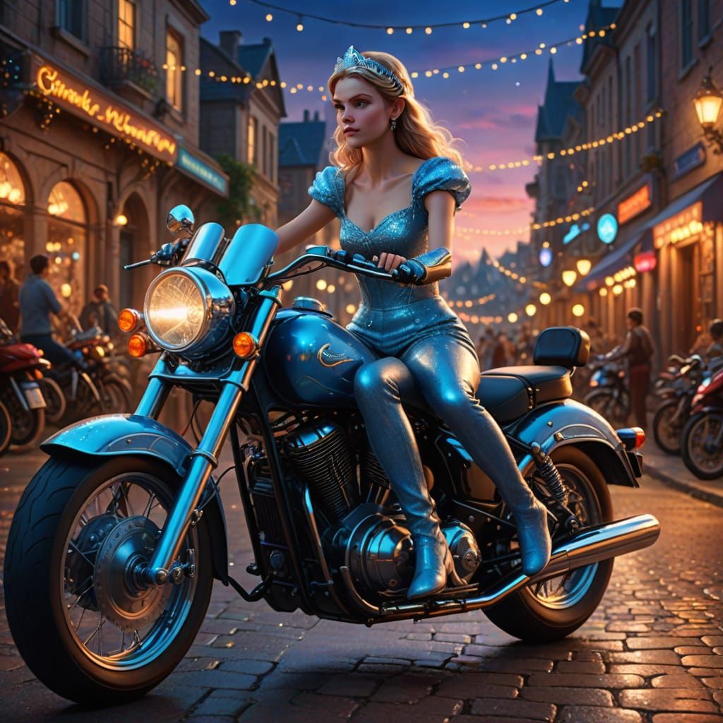 Cinderella Rides a Motorcycle: Hyper-Realistic Digital Art