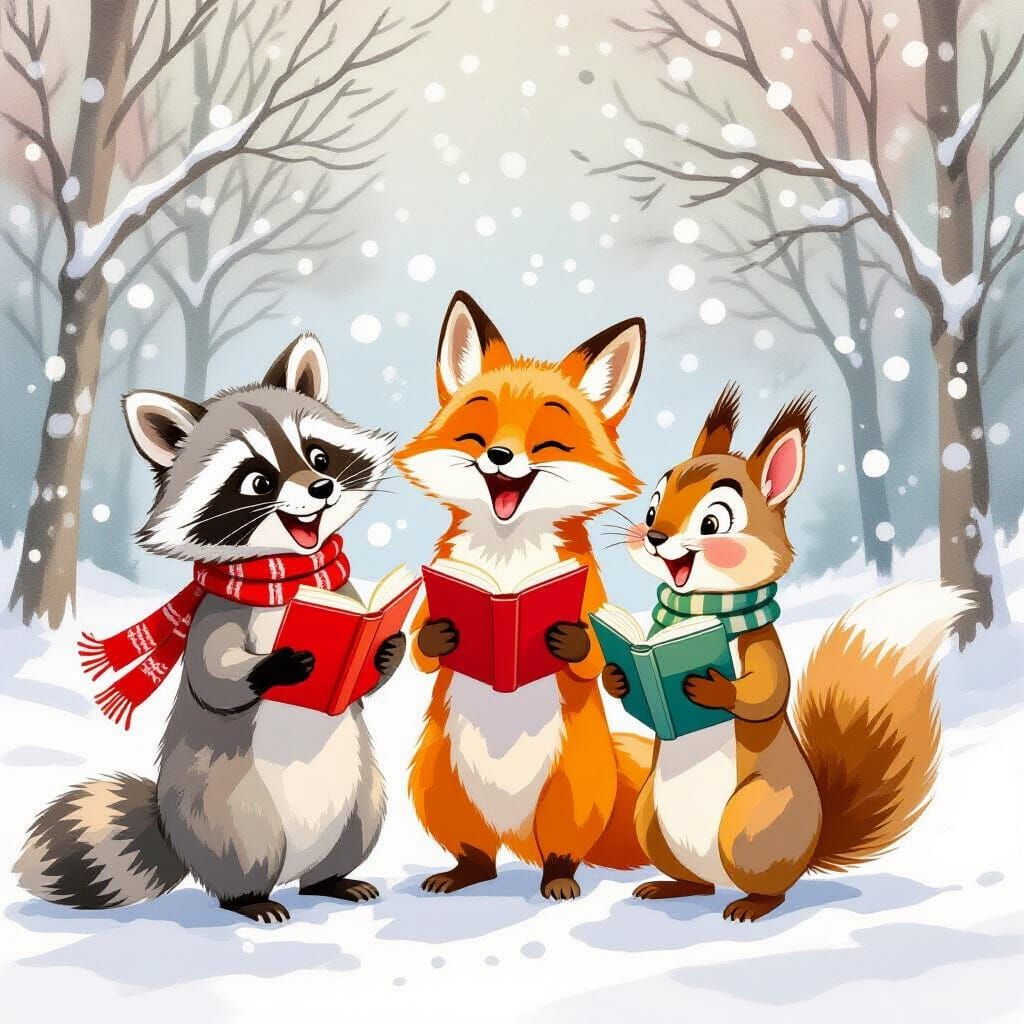 Cute Woodland Animals Sing Carols in Snowy Watercolor