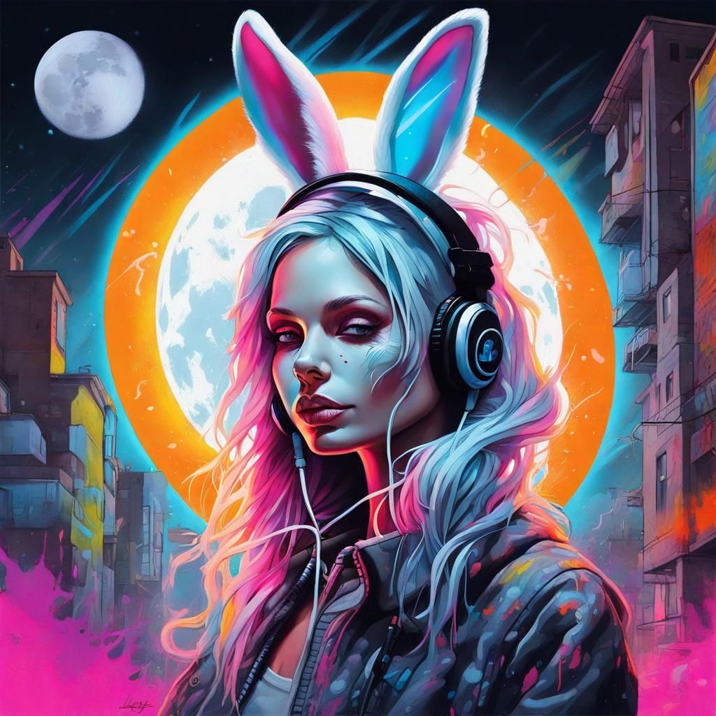 Bunny Lady Under Moon in Graffiti Art Style