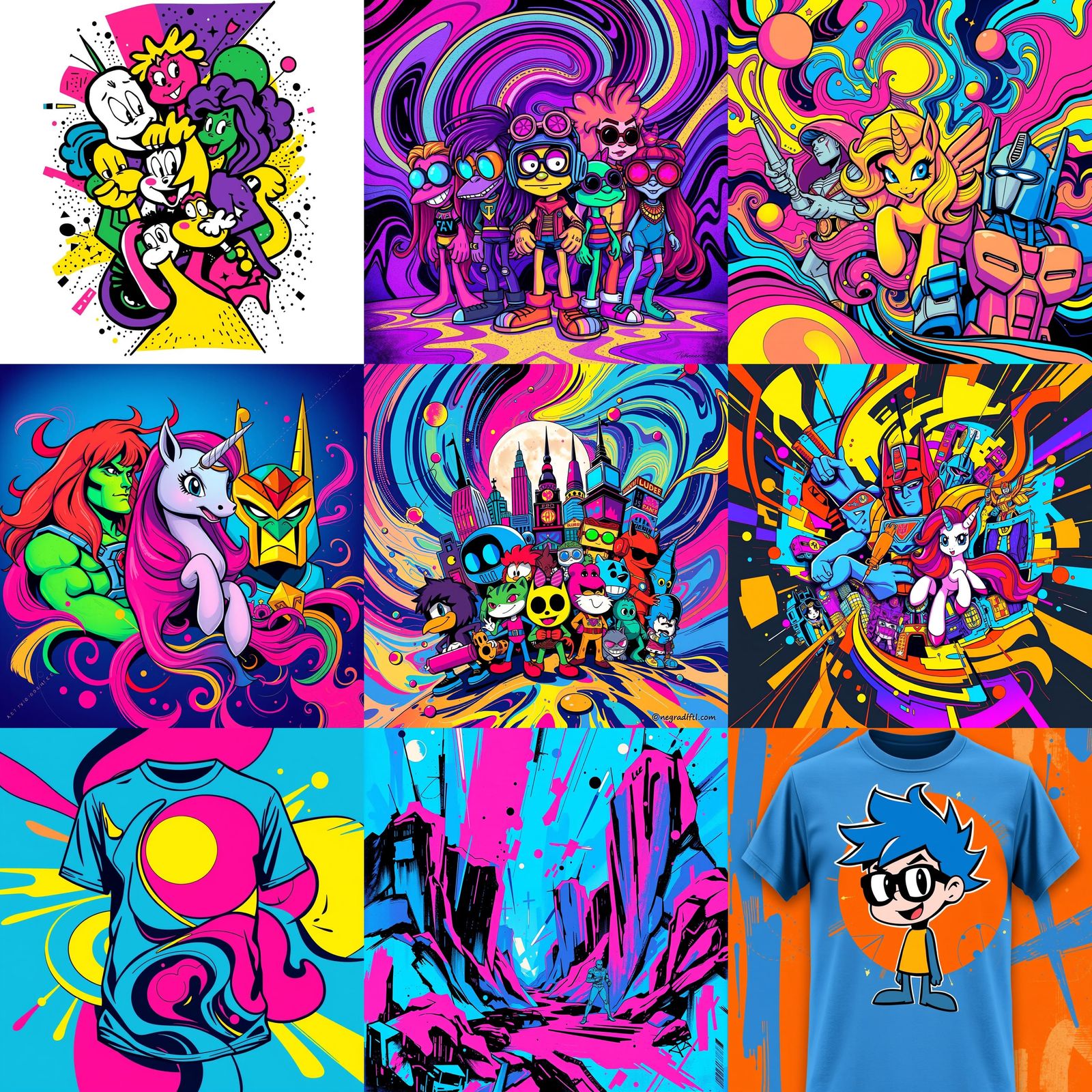 T-Shirt Print Featuring 80s Cartoons in Abstract Style