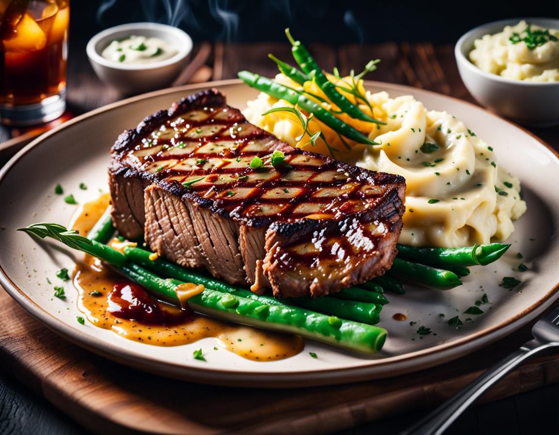 Hyperrealistic T-Bone Steak with Garlic Mashed Potatoes