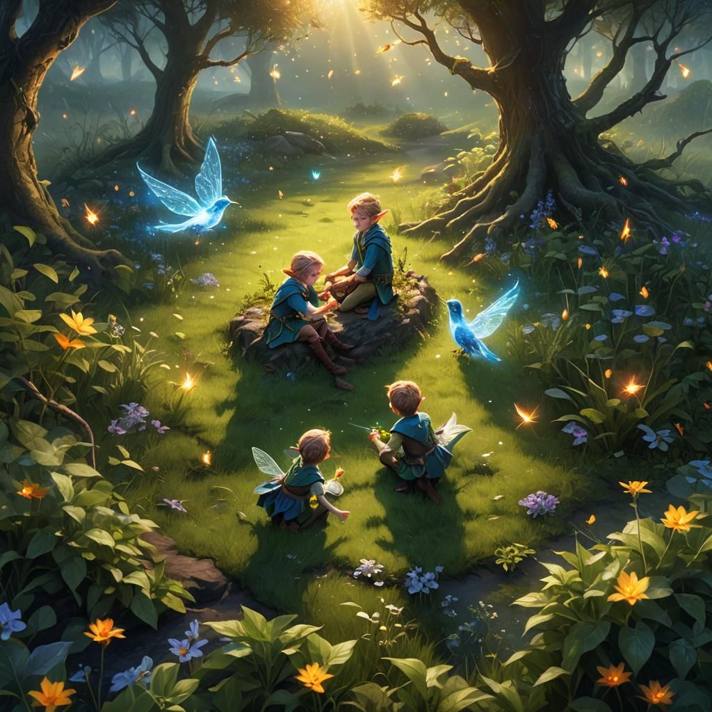 Elf Kids Playing on Magical Field: Fantasy Concept Art