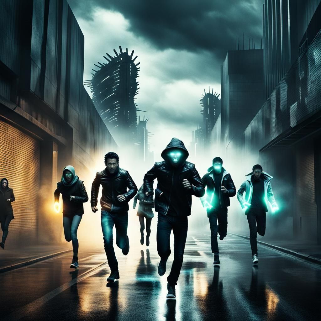 Terrified People Run Down Grungy Futuristic Street