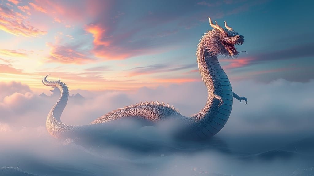 Mystical Chinese Sea Serpent Unfurls in Ethereal Oceanic Lan...