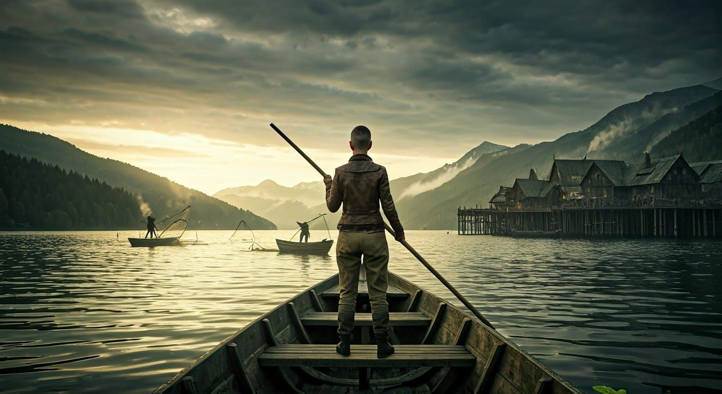 Fishing Maiden at the Helm of a Serene Lake Barge