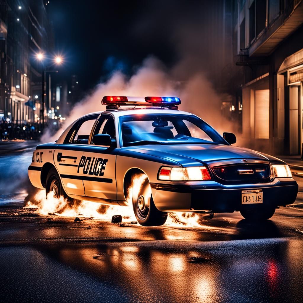 Burning Police Car Crash in City at Night