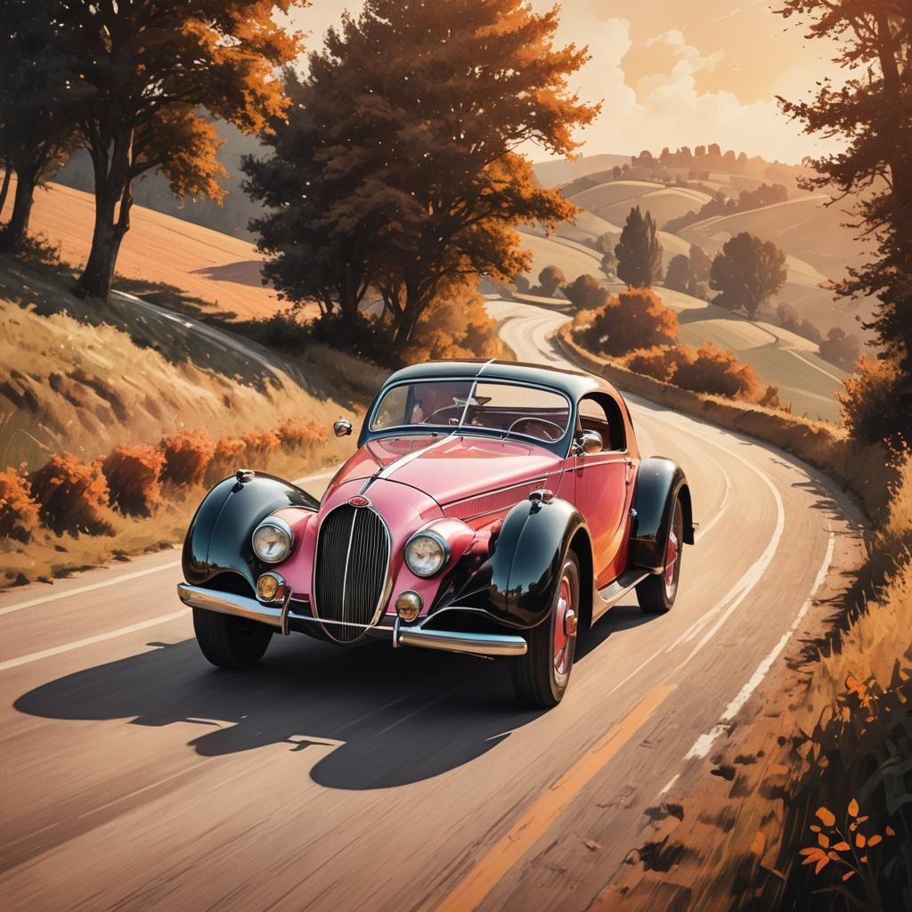1940s Bugatti in Sunlit Countryside