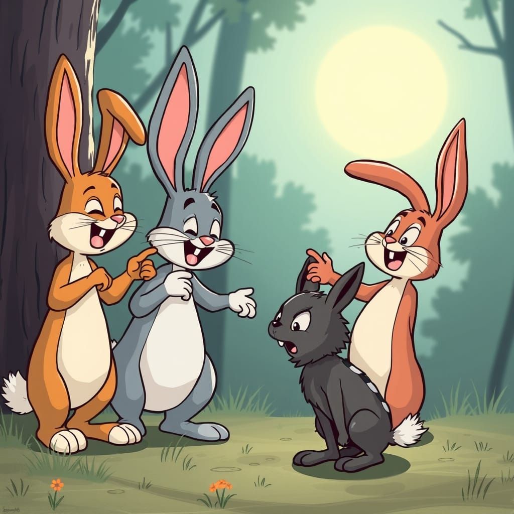 Cartoon Rabbits Laughing at Crying Wolf