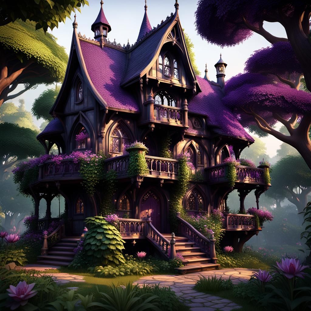 An epic large and cozy gothic treehouse with a dark purple roof and a beautiful staircase, filled with intricate details...