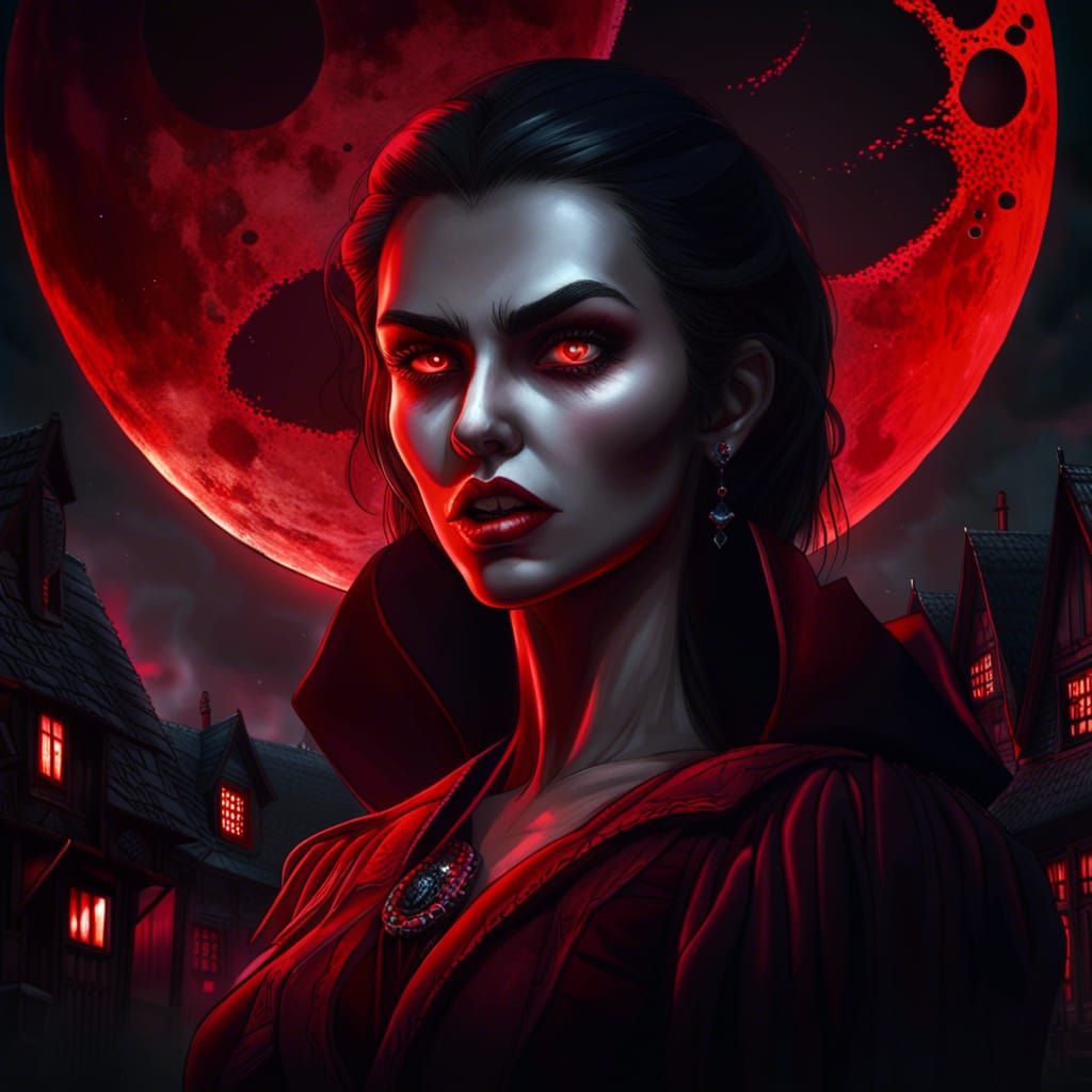 Dracula Bites Woman Under Red Moon in Digital Art