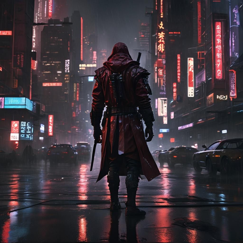 Cyberpunk Ninja Assassin in Rainy Cityscape