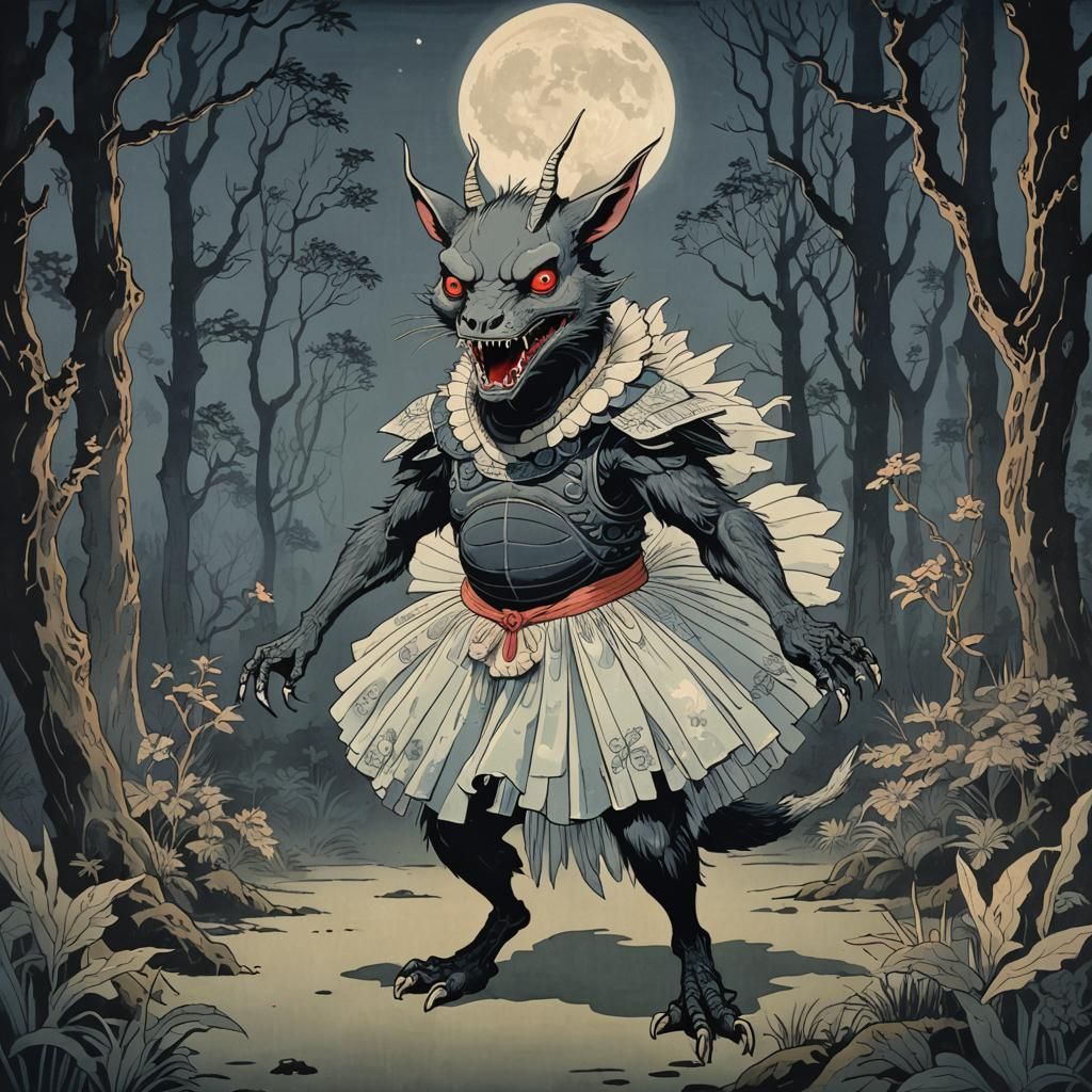 Ukiyo-e Chupacabra Ballerina in Spooky Forest
