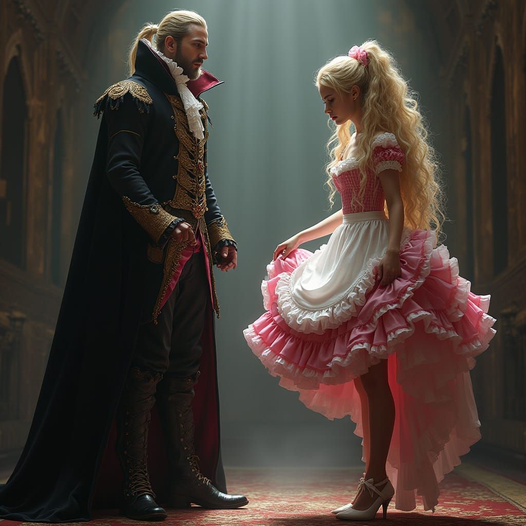 French Maid Meets Regal Vampire in a Moment of Tense Devotio...