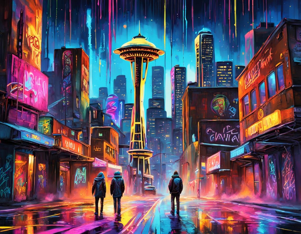 Cyberpunk Seattle Cityscape in Vibrant Graffiti Style