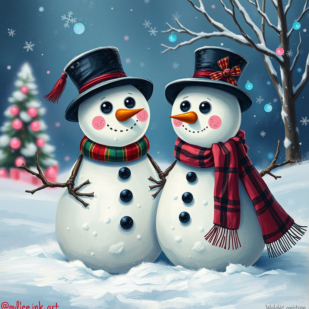 Festive Snowman Couple in Whimsical Folk Art Style