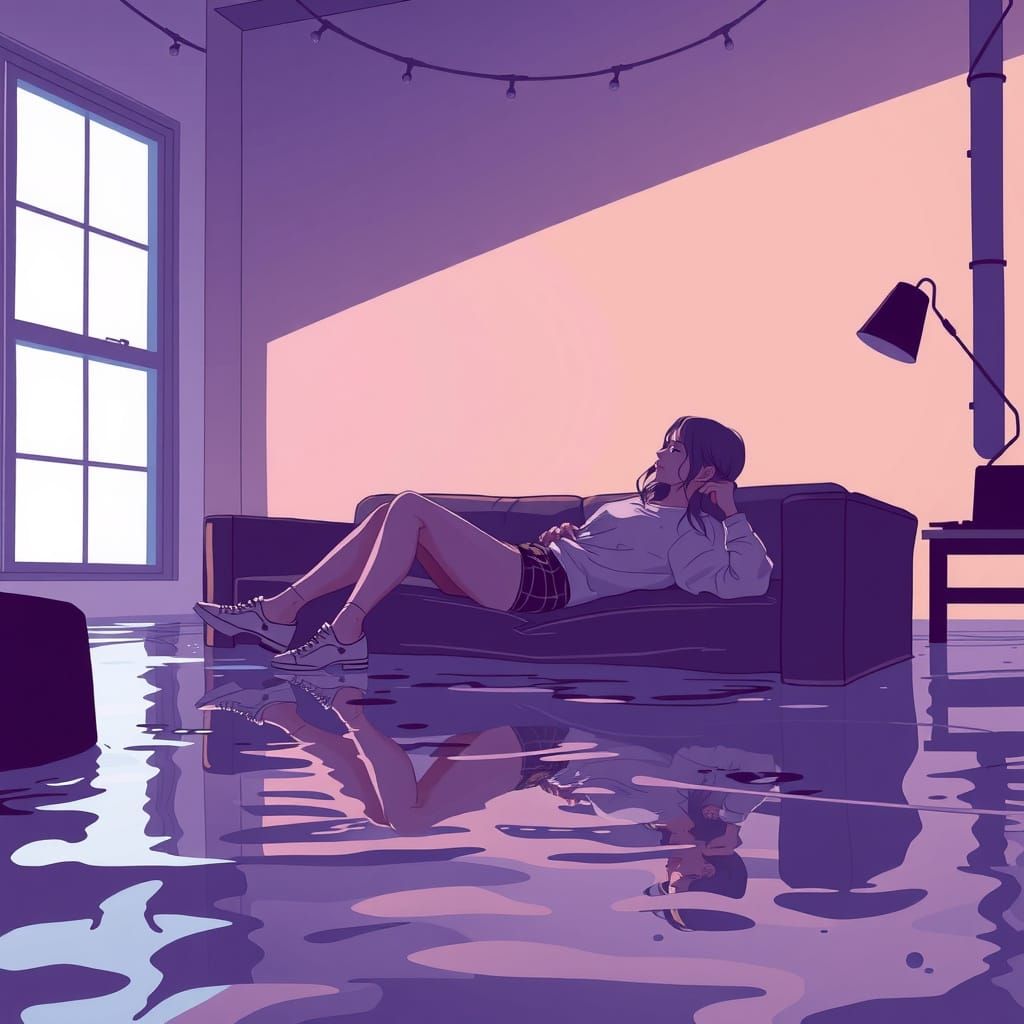 Girl with Dog in Flooded Room, Silhouette Style