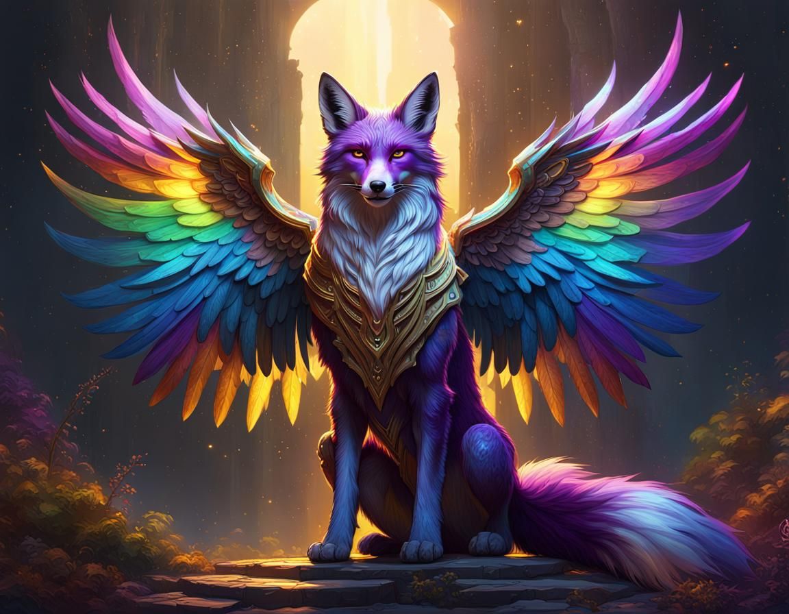 Rainbow Fox with Wings and Halo: Dark Fantasy Art