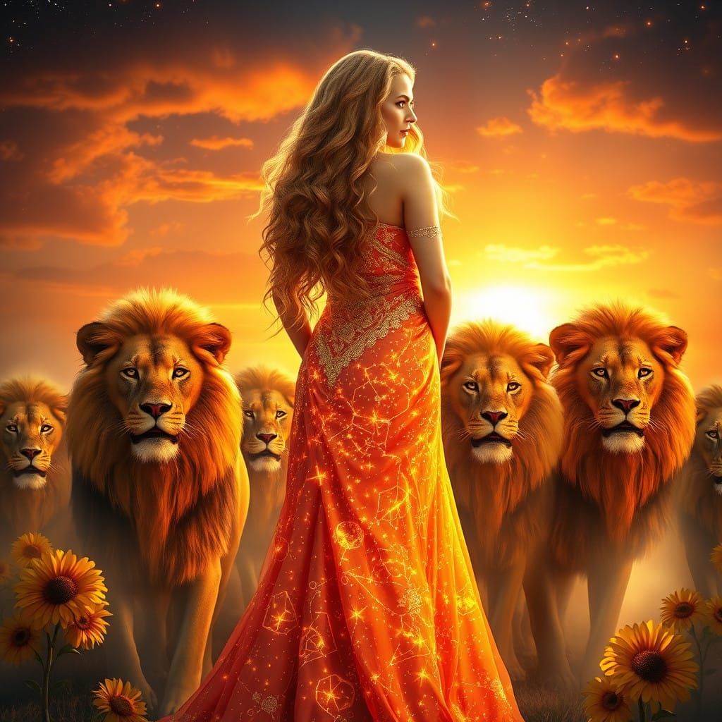 Regal Woman Inspires with Golden Glow and Majestic Lions