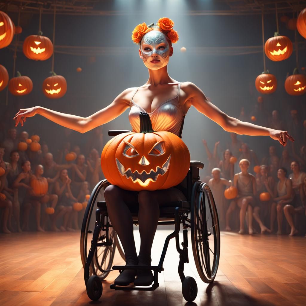 Ballerina in a wheelchairwith a pumpkin mask dancing on stag...