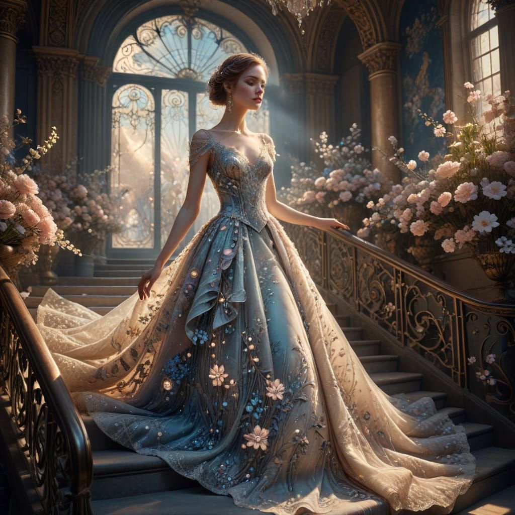 Woman in Luminous Dior Gown on Ballroom Staircase