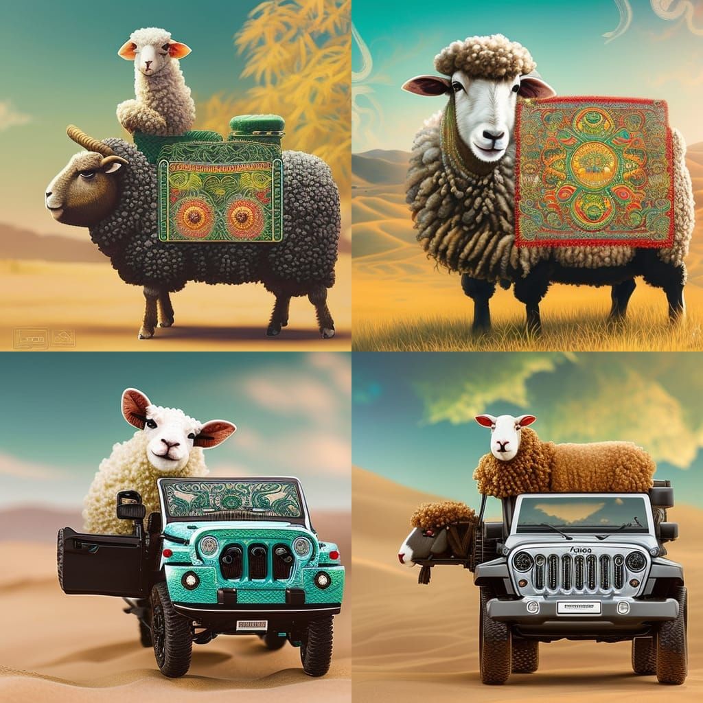 Sheep Driving a Jeep in Illustrative Style