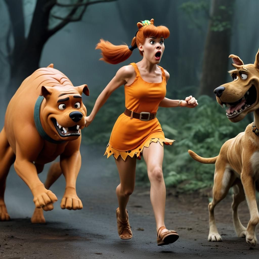 Surreal Cartoon Mashup of Wilma Flintstone and Future Scooby...