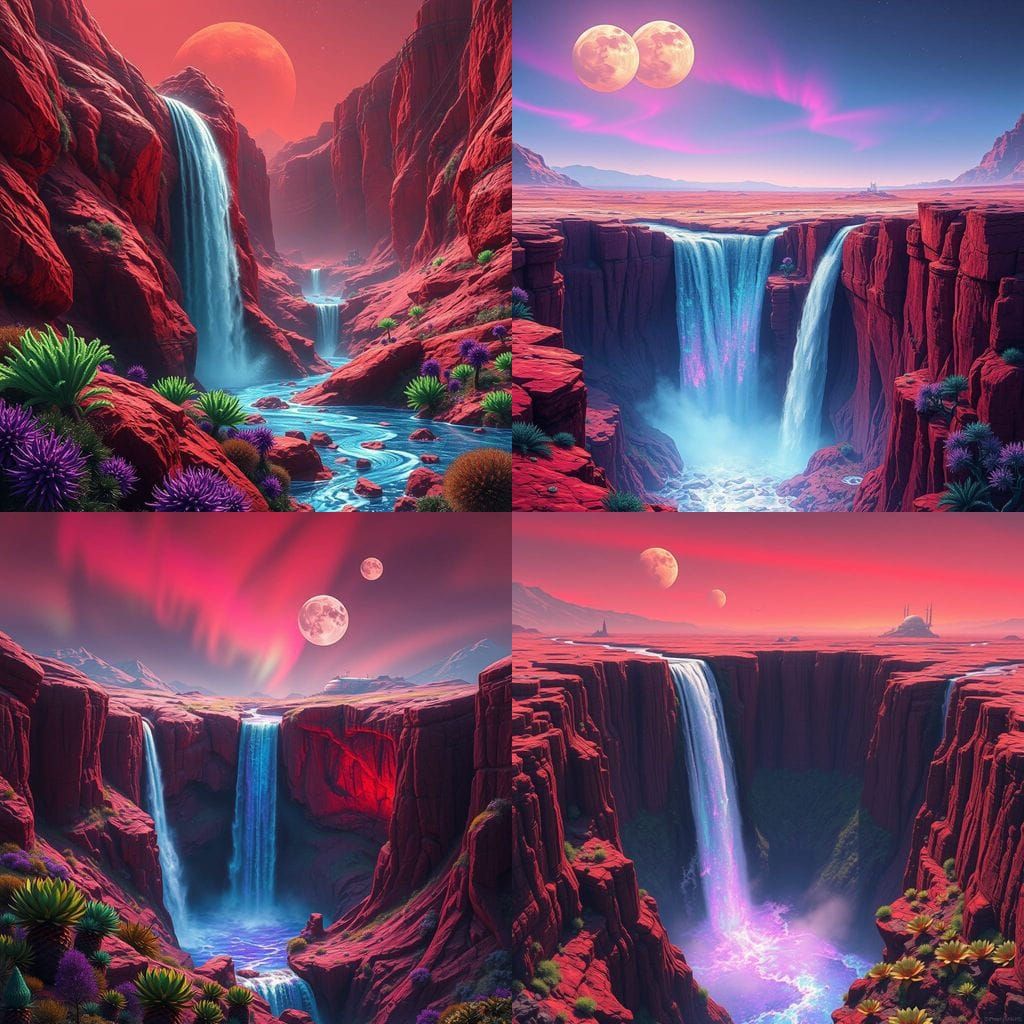 Martian Waterfall with Aurora and Alien Flora