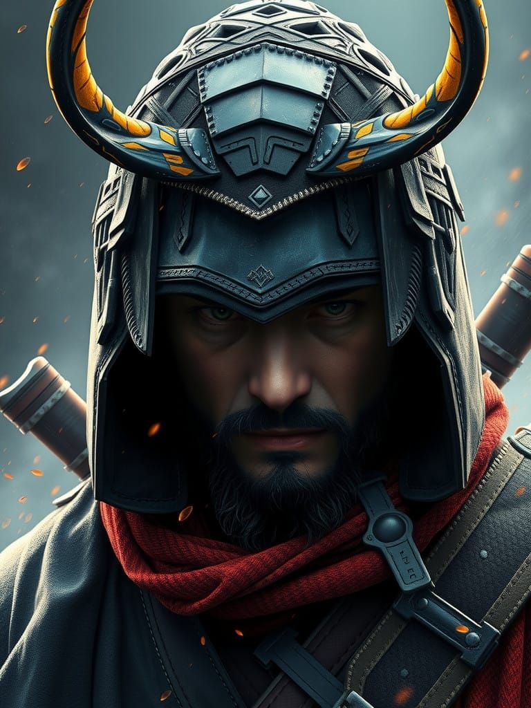 Mysterious Asian Ronin Warrior with Bound Hair