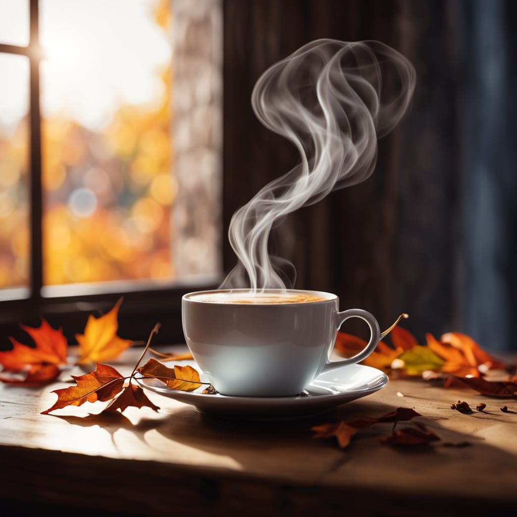 Coffee Cup Surrounded by Autumn Leaves in Hyperrealism