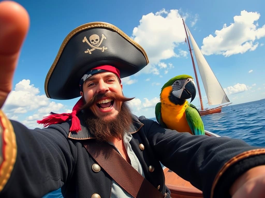 Silly Pirate Selfie with Macaw and Sailboat