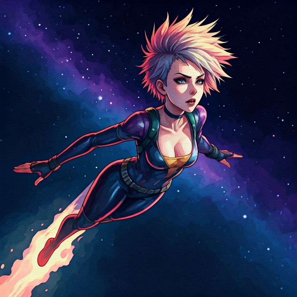 Heroic Woman Flies Through Starry Sky in Watercolor