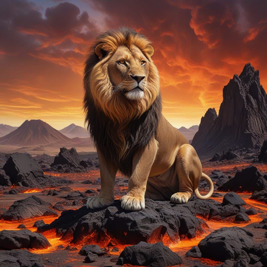 Lava Lion in Surreal Desert Landscape