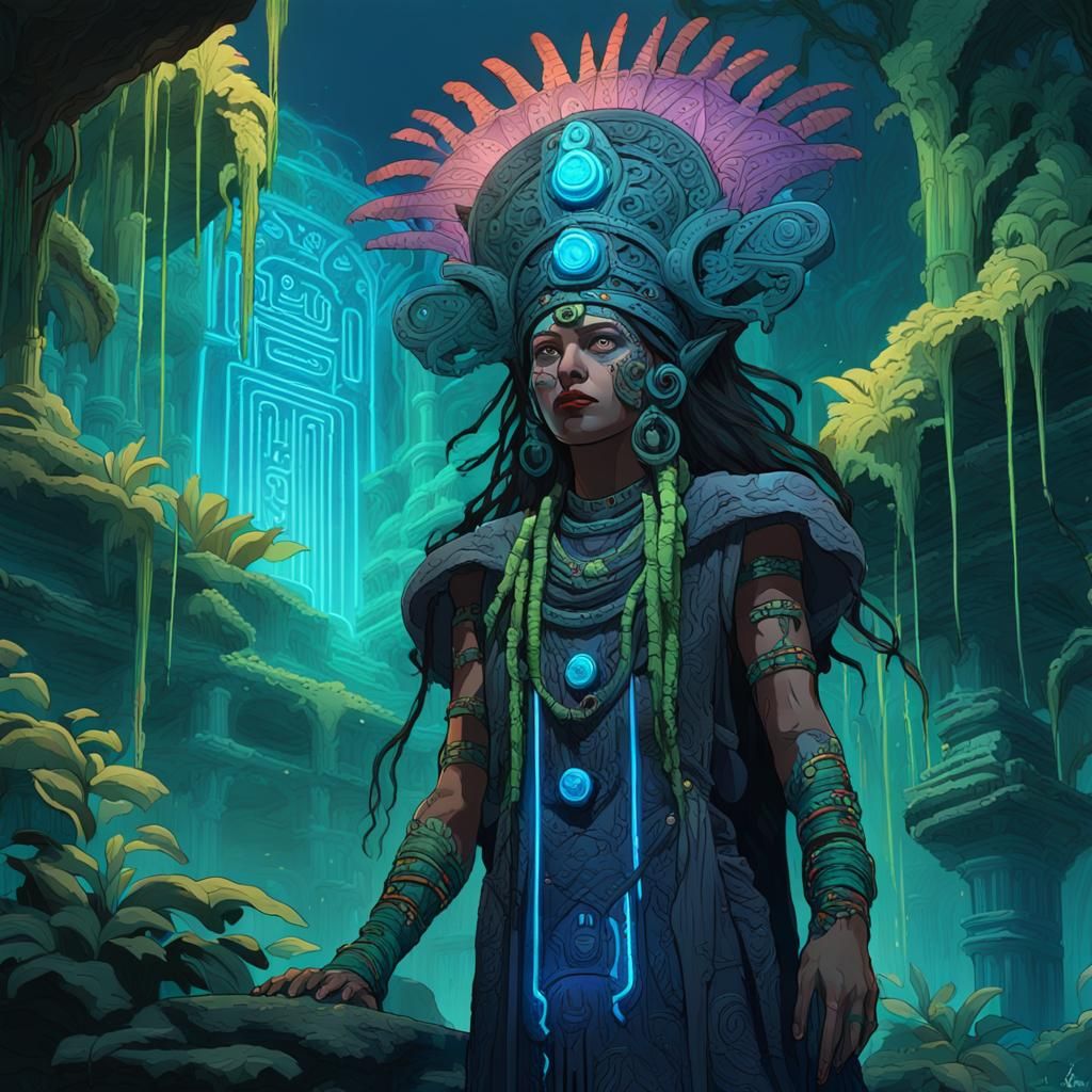 Mayan Witch in Cyberpunk Art Deco Jungle