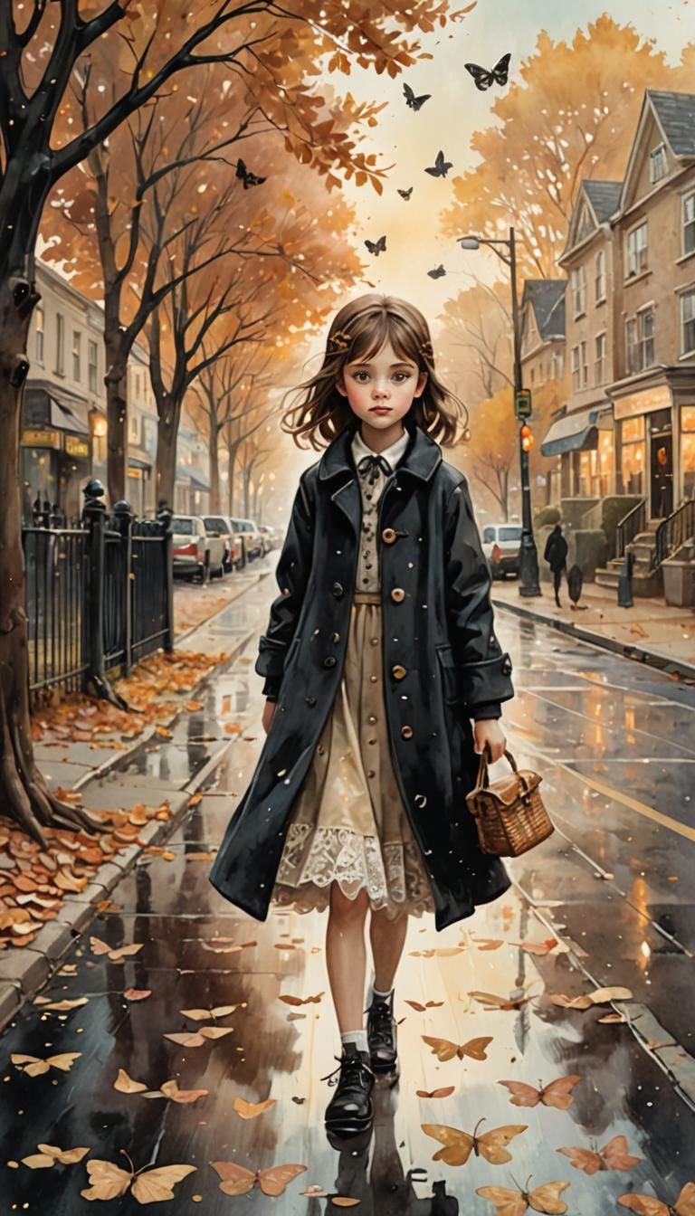 A whimsical, storybook-style illustration of a child wearing a vintage black coat, standing on a wet suburban street in ...