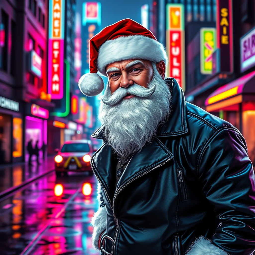 Synthwave Santa Claus in Neon Cityscape