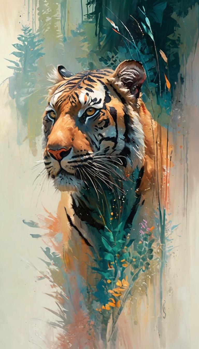 Fauvist acrylic painting. Medium shot. A tiger in a jungle c...