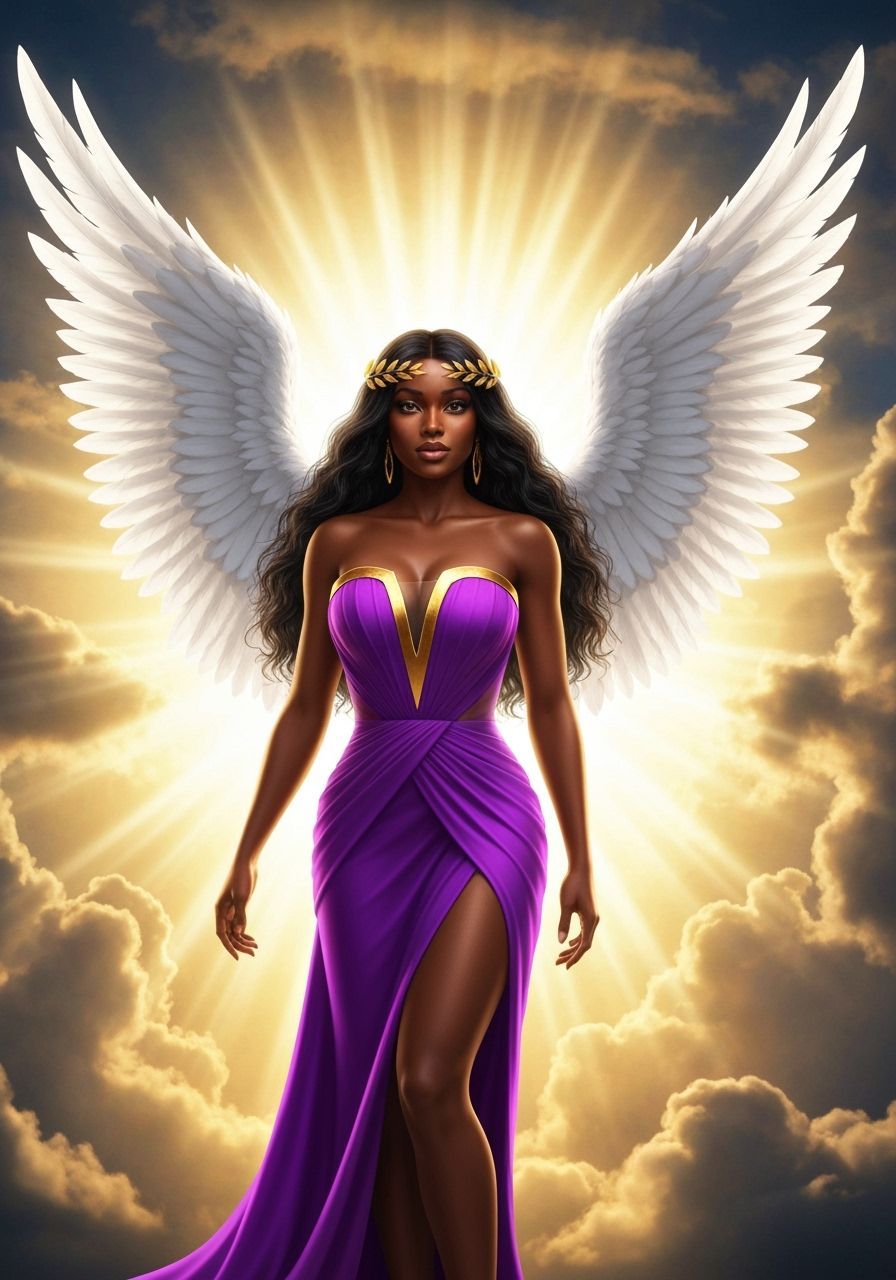 Divine Angel Woman in Vibrant Purple Gown with Golden Accent...