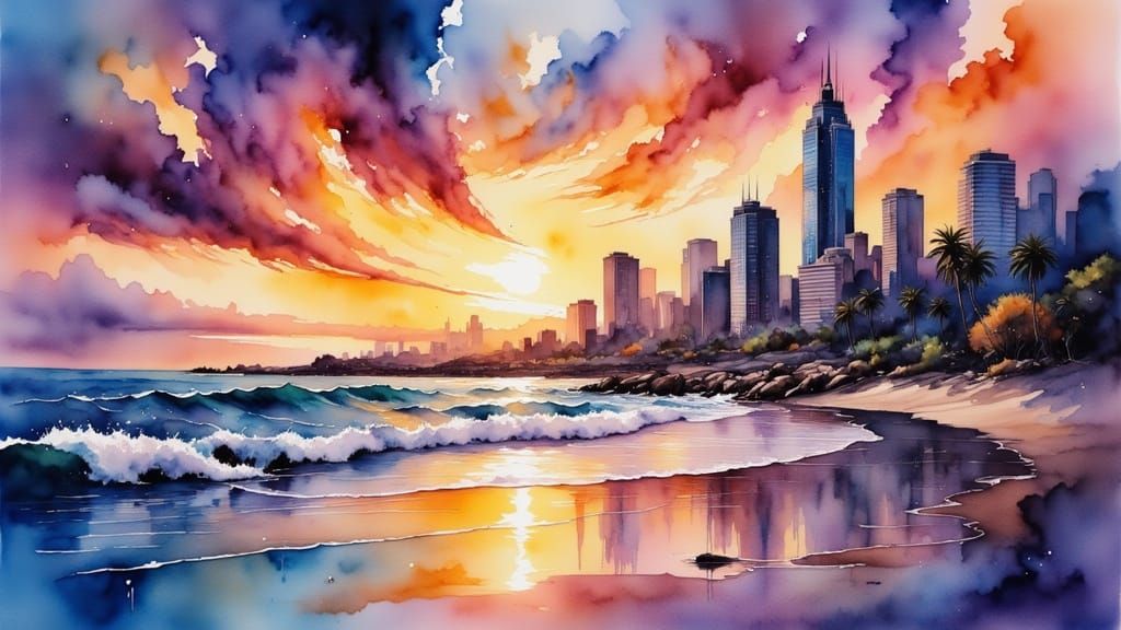 Synthwave Sunrise City Beachscape